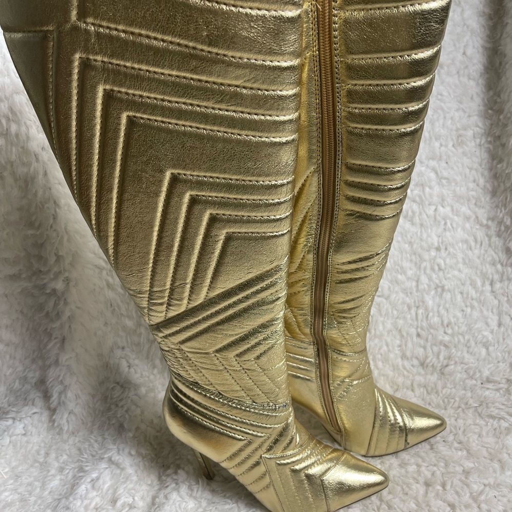 Liliana Metallic Gold Quilted Patterned Stitch Pointy Toe Stiletto Boots SZ 6.5